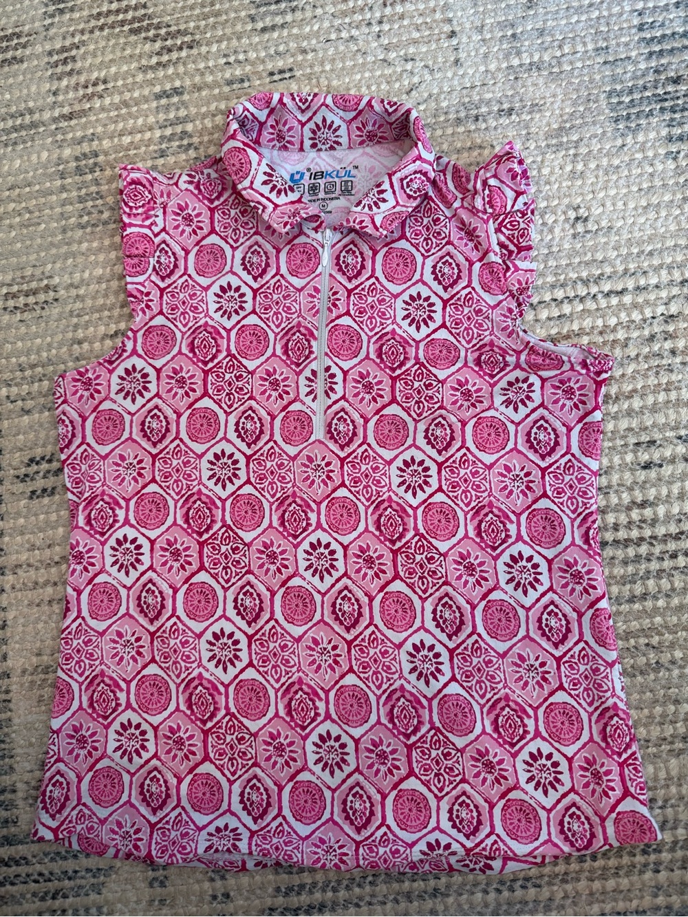 IBKUL Pink & White Short Sleeve Zip Polo Top